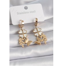 316L Çelik Gold Renk Beyaz Sedefli Yonca Simli Figür Kadın Küpe - TJ-BKP9566