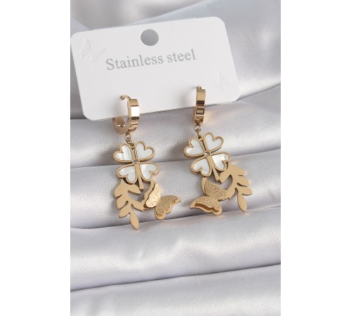 316L Çelik Gold Renk Beyaz Sedefli Yonca Simli Figür Kadın Küpe - TJ-BKP9566