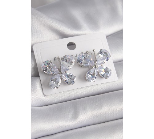 Pirinç Gümüş Renk Zirkon Taşlı Model Kadın Küpe - TJ-BKP9613