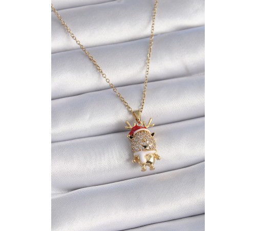 316L Çelik Gold Renk Zincir Zirkon Taşlı Yılbaşı Temalı Ren Geyiği Figür Kadın Kolye - TJ-BKO9437