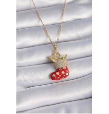 316L Çelik Gold Renk Zincir Zirkon Taşlı Kırmızı Yılbaşı Çorabı Figür Yaprak Detay Kadın Kolye - TJ-BKO9440
