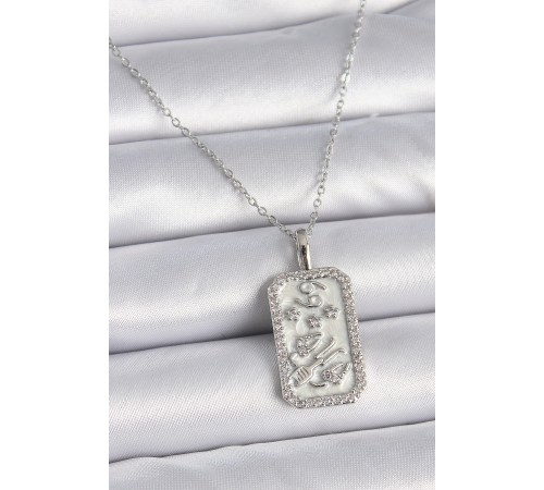 316L Çelik Gümüş Renk Zincir Burcu Zirkon Taşlı Kadın Kolye - TJ-BKO9448