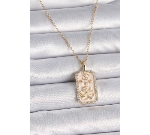 316L Çelik Gold Renk Zincir Burcu Zirkon Taşlı Kadın Kolye - TJ-BKO9467