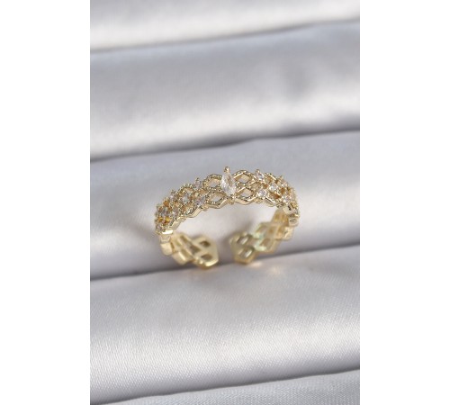 Pirinç Gold Renk Zirkon Taşlı Zikzak Ayarlanabilir Model Kadın Yüzük - TJ-BYK3354