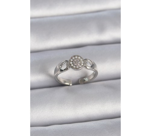 Pirinç Gümüş Renk Zirkon Taşlı İncili Kalp İşleme Detay Ayarlanabilir Model Kadın Yüzük - TJ-BYK3359