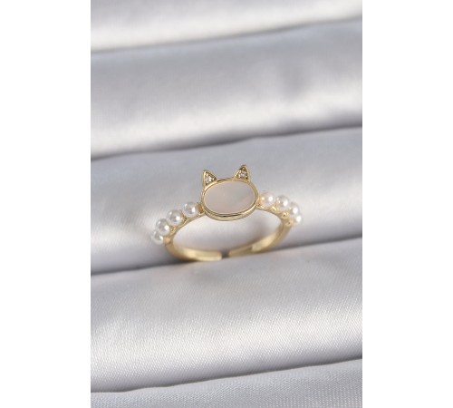 Pirinç Gold Renk Ayarlanabilir Beyaz Mineli Kedi Model İnci Detay Kadın Yüzük - TJ-BYK3386