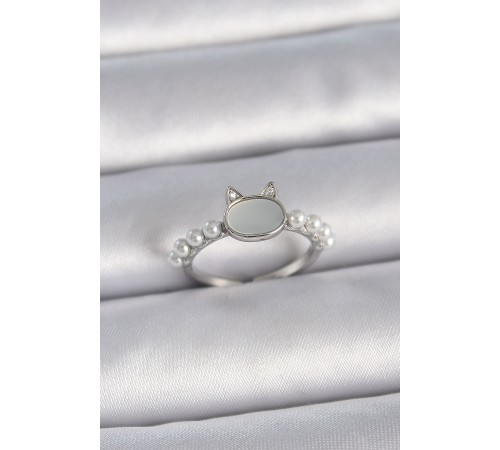 Pirinç Gümüş Renk Ayarlanabilir Beyaz Mineli Kedi Model İnci Detay Kadın Yüzük - TJ-BYK3387