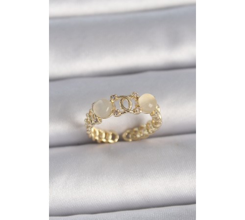 Pirinç Gold Renk Ayarlanabilir Zirkon Taşlı Beyaz Mineli Birleşik Halka Model Kadın Yüzük - TJ-BYK3402