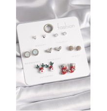 Pirinç Gümüş Renk 7 Çift Zirkon Taşlı Yıl Başı Temalı Kadın Küpe Seti - TJ-BKP9715