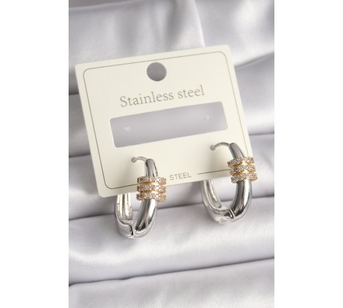 316L Çelik Gümüş Renk Halka Zirkon Gold Zirkon Taşlı Kadın Küpe - TJ-BKP9722