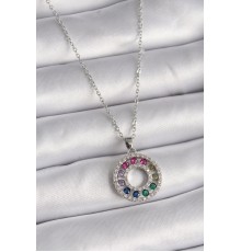 316L Çelik Gümüş Renk Zincir Renkli Zirkon Taşlı Madalyon Model Kadın Kolye - TJ-BKO9489