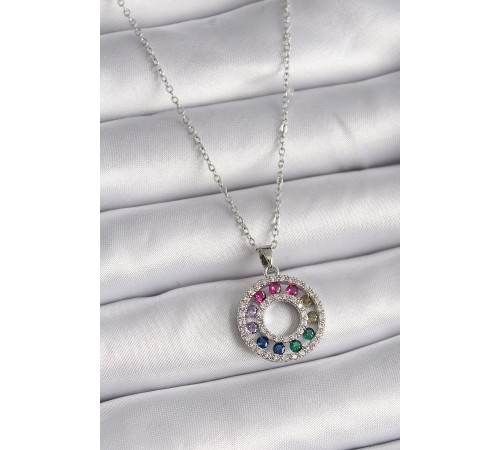 316L Çelik Gümüş Renk Zincir Renkli Zirkon Taşlı Madalyon Model Kadın Kolye - TJ-BKO9489