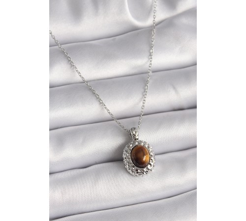 316L Çelik Gümüş Renk Zincir Kehribar Boncuk Model Kadın Kolye - TJ-BKO9491