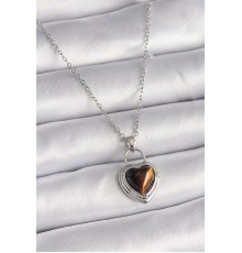 316L Çelik Gümüş Renk Zincir Kilit Kalp Kehribar Boncuk Model Kadın Kolye - TJ-BKO9495