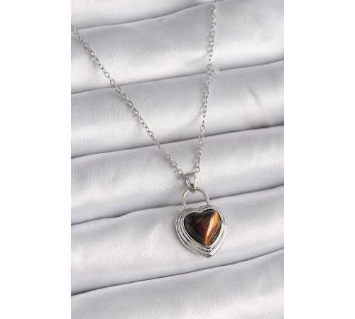 316L Çelik Gümüş Renk Zincir Kilit Kalp Kehribar Boncuk Model Kadın Kolye - TJ-BKO9495