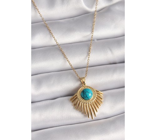 316L Çelik Gold Renk Zincir Mavi Boncuk Güneş Model Kadın Kolye - TJ-BKO9502