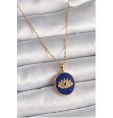 316L Çelik Gold Renk Zincir Mavi Mineli Zirkon Taşlı Göz İşleme Kadın Kolye - TJ-BKO9505