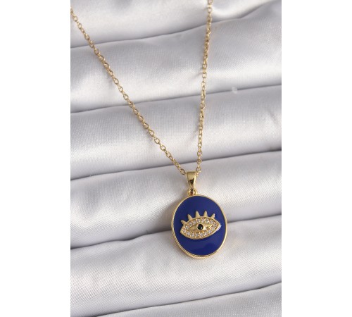 316L Çelik Gold Renk Zincir Mavi Mineli Zirkon Taşlı Göz İşleme Kadın Kolye - TJ-BKO9505