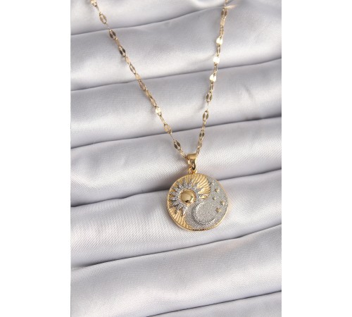 316L Çelik Mix Renk Zincir Zirkon Taşlı Gün Doğumu/Batımı Madalyon Model Kadın Kolye - TJ-BKO9514