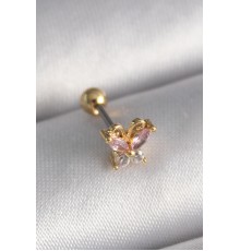 316L Çelik Gold Renk Pembe Zirkon Taşlı Tragus Piercing - TJ-PR1240