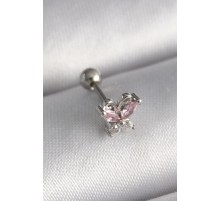 316L Çelik Gümüş Renk Pembe Zirkon Taşlı Tragus Piercing - TJ-PR1241