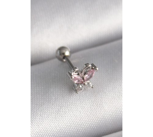 316L Çelik Gümüş Renk Pembe Zirkon Taşlı Tragus Piercing - TJ-PR1241