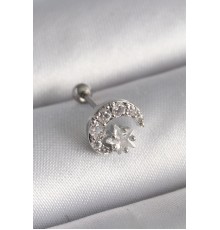 316L Çelik Gümüş Renk Zirkon Taşlı Ay Yıldız Tragus Piercing - TJ-PR1257