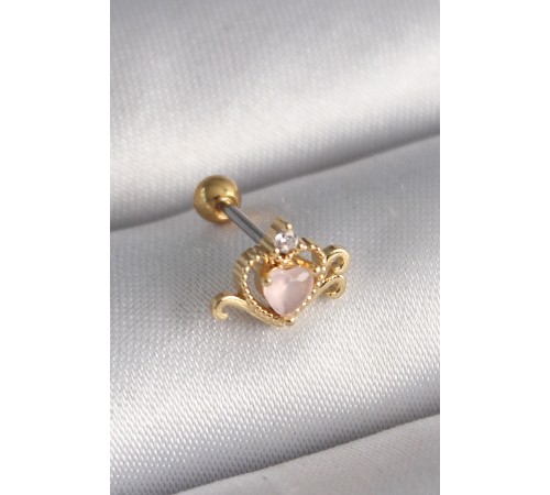 316L Çelik Gold Renk Pembe Mineli Kalp Zirkon Taş Detay Tragus Piercing - TJ-PR1260