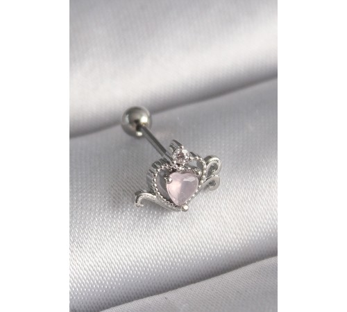 316L Çelik Gümüş Renk Pembe Mineli Kalp Zirkon Taş Detay Tragus Piercing - TJ-PR1261