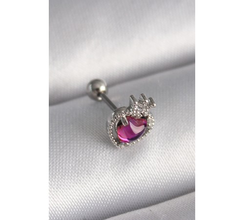 316L Çelik Gümüş Renk Pembe Mineli Kalp Zirkon Taş Detaylı Taç Tragus Piercing - TJ-PR1263