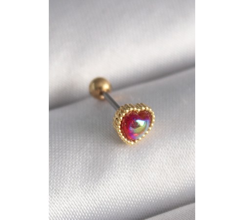 316L Çelik Gold Renk Kırmızı Mineli Kalp Tragus Piercing - TJ-PR1266