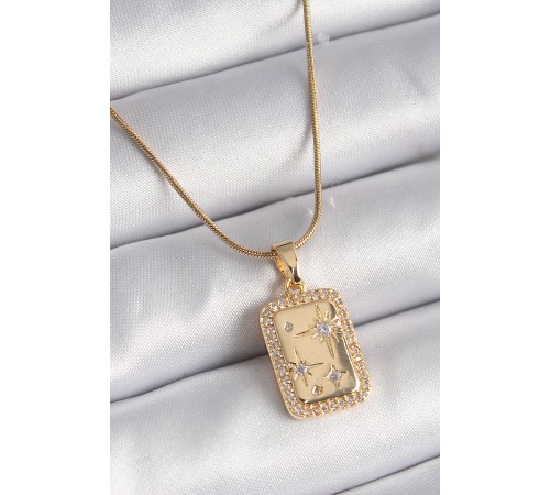 316L Çelik Gold Renk Zirkon Taşlı Yıldız İşleme Madalyon Kadın Kolye - TJ-BKO9520