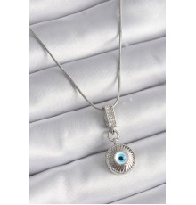 316L Çelik Gümüş Renk Zirkon Taşlı Nazar Boncuk Model Kadın Kolye - TJ-BKO9523