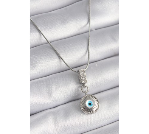 316L Çelik Gümüş Renk Zirkon Taşlı Nazar Boncuk Model Kadın Kolye - TJ-BKO9523