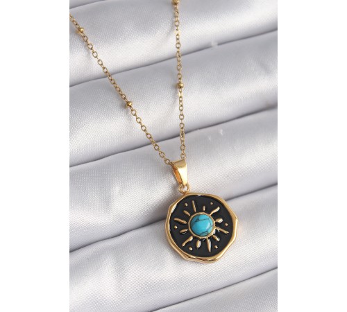 316L Çelik Gold Renk Mavi Boncuk Güneş İşleme Madalyon Model Kadın Kolye - TJ-BKO9524