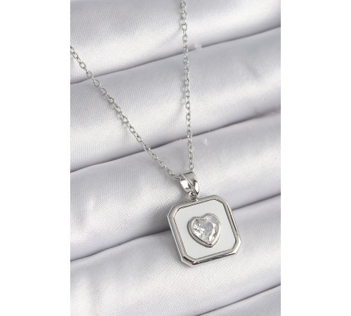316L Çelik Gümüş Renk Kare Madalyon Kalp Zirkon Taş İşleme Kadın Kolye - TJ-BKO9525