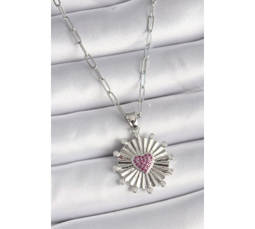 316L Çelik Gümüş Renk Pembe Zirkon Taşlı Kalp İşleme Madalyon Model Kadın Kolye - TJ-BKO9533