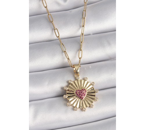 316L Çelik Gold Renk Pembe Zirkon Taşlı Kalp İşleme Madalyon Model Kadın Kolye - TJ-BKO9534