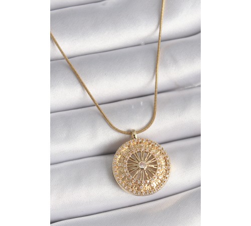 316L Çelik Gold Renk Zirkon Taşlı 12 Burç Madalyon Model Kadın Kolye - TJ-BKO9542