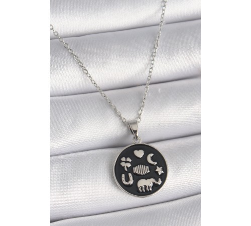 316L Çelik Gümüş Renk Siyah Renk Şans Kolyesi - TJ-BKO9546