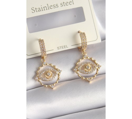 Pirinç Gold Renk Zirkon Taşlı Göz Model Kadın Küpe - TJ-BKP9733