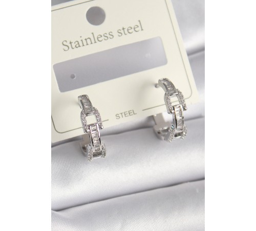 Pirinç Gümüş Renk Zirkon Taşlı Zincir Model Kadın Küpe - TJ-BKP9736