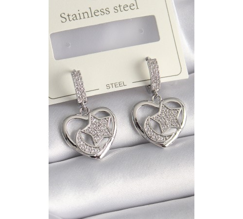 Pirinç Gümüş Renk Kalp Model Zirkon Taşlı Ay Yıldız İşlemeli Kadın Küpe - TJ-BKP9738