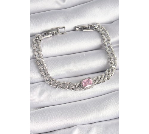 Pirinç Gümüş Renk Pembe Kare Zirkon Taşlı VIP Seri Kadın Bileklik - TJ-BB6489