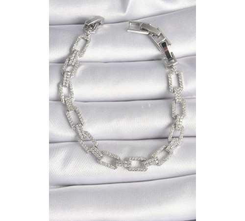 Pirinç Gümüş Renk Zirkon Taşlı Zincir Model VIP Seri Kadın Bileklik - TJ-BB6493