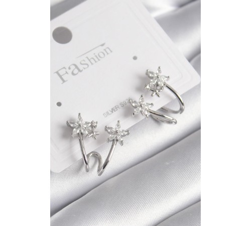 Pirinç Gümüş Renk Zirkon Taşlı Çiçek Model Kadın Küpe - TJ-BKP9746