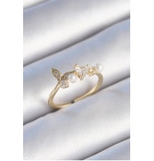 Pirinç Gold Renk Zirkon Taşlı Kalp Yaprak Model İnci Detay Kadın Yüzük - TJ-BYK3430