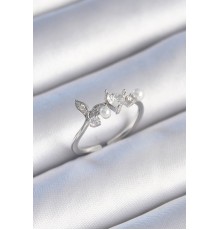 Pirinç Gümüş Renk Zirkon Taşlı Kalp Yaprak Model İnci Detay Kadın Yüzük - TJ-BYK3431