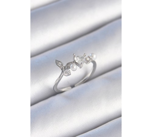 Pirinç Gümüş Renk Zirkon Taşlı Kalp Yaprak Model İnci Detay Kadın Yüzük - TJ-BYK3431