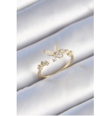 Pirinç Gold Renk Zirkon Taş Detaylı Beyaz Mineli Model Kadın Yüzük - TJ-BYK3432